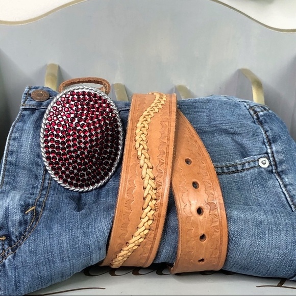 RED rhinestone tan leather woven belt - Picture 9 of 9